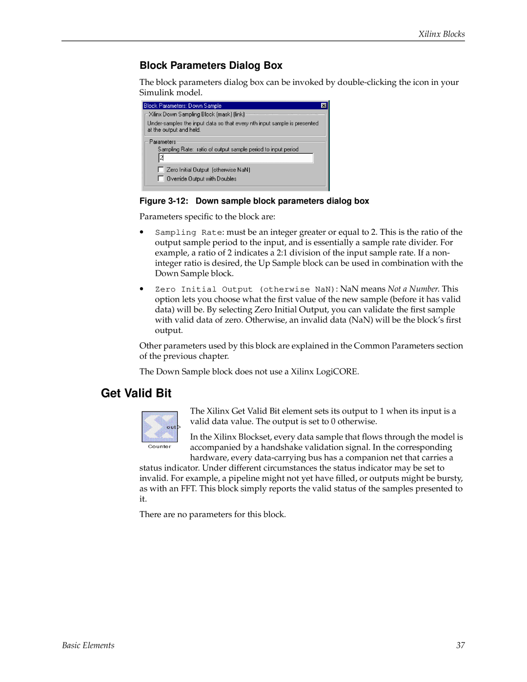 Xilinx V2.1 manual Get Valid Bit, Down sample block parameters dialog box 