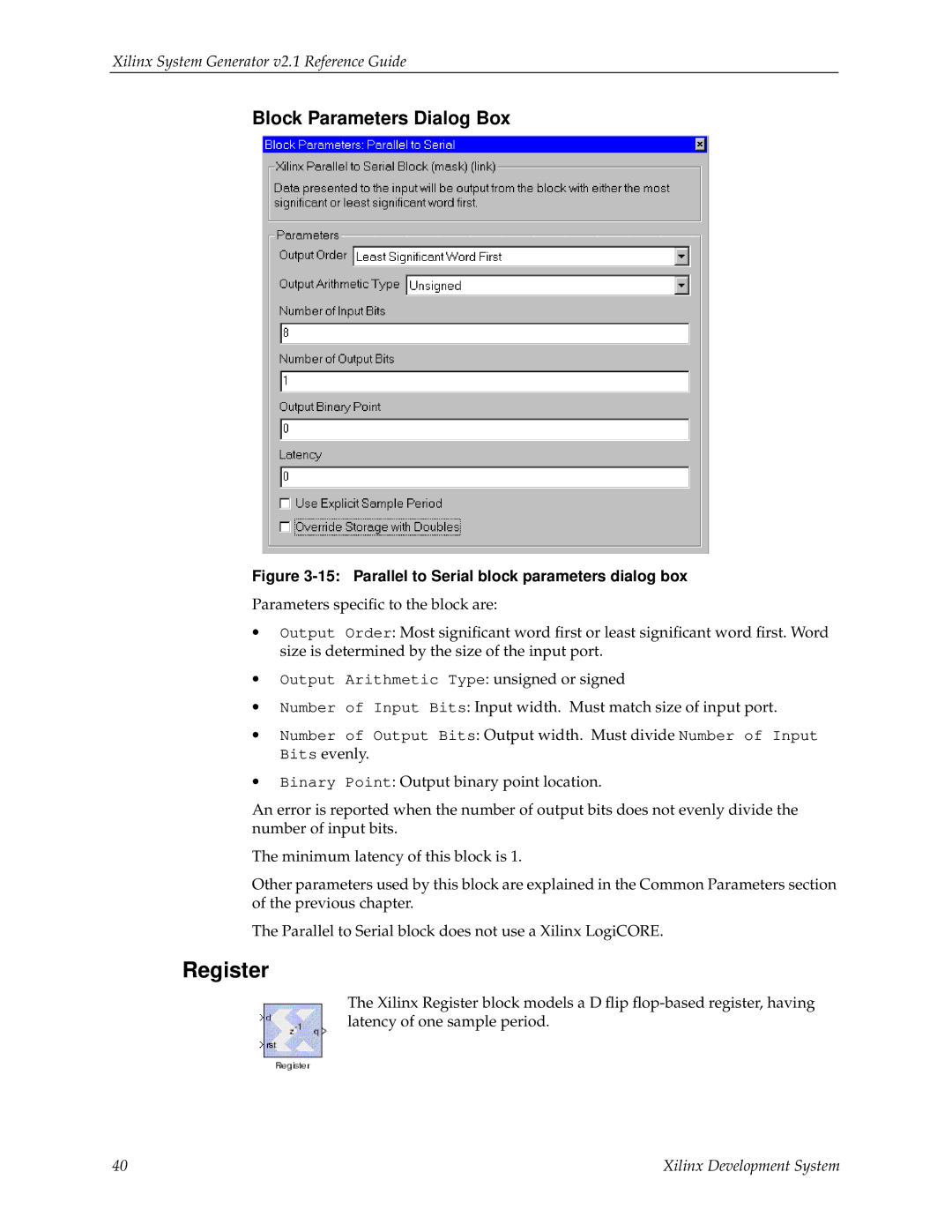 Xilinx V2.1 manual Register, Parallel to Serial block parameters dialog box 