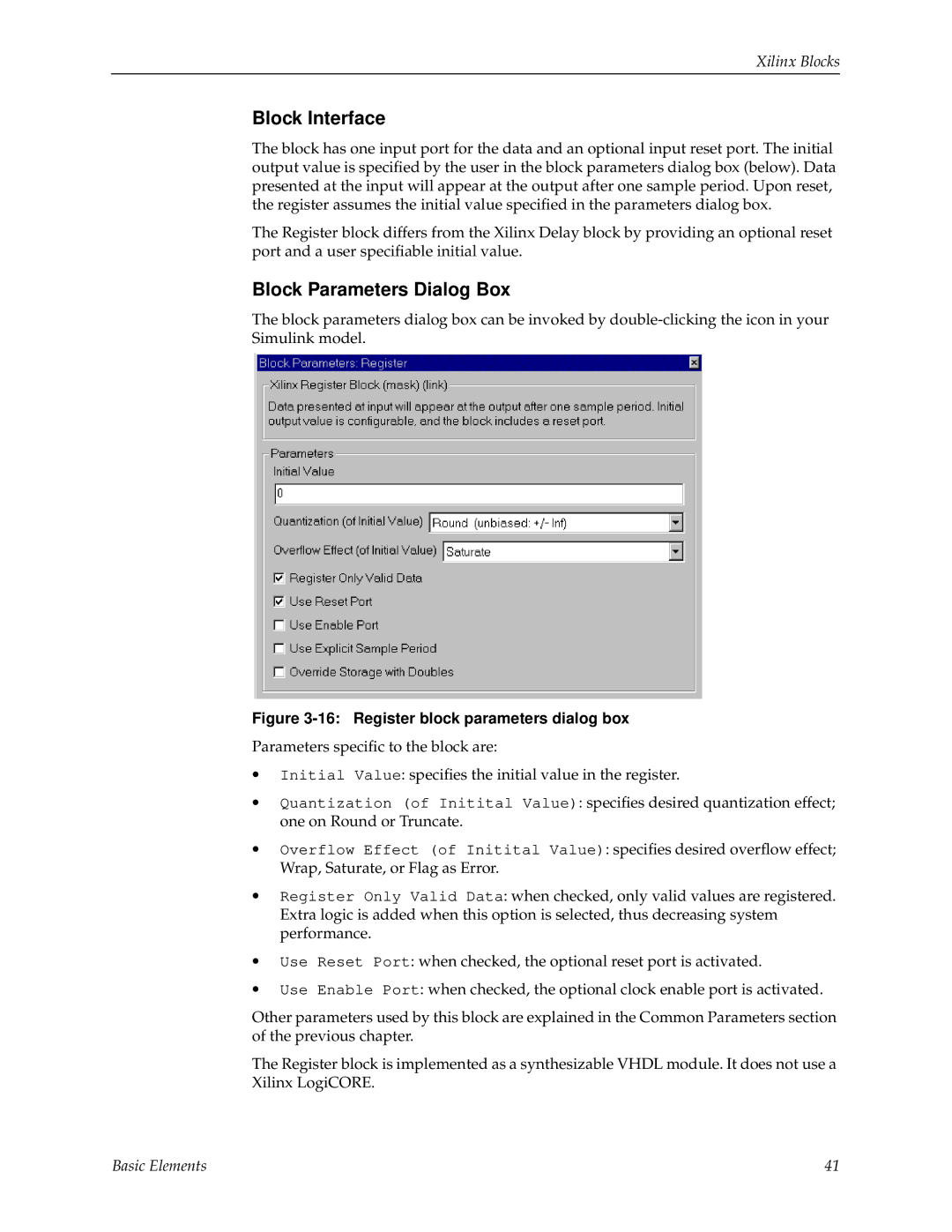 Xilinx V2.1 manual Register block parameters dialog box 