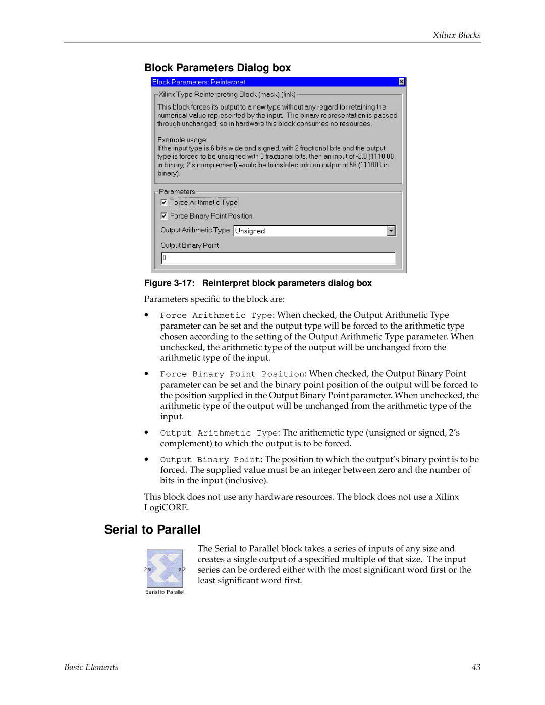 Xilinx V2.1 manual Serial to Parallel, Reinterpret block parameters dialog box 