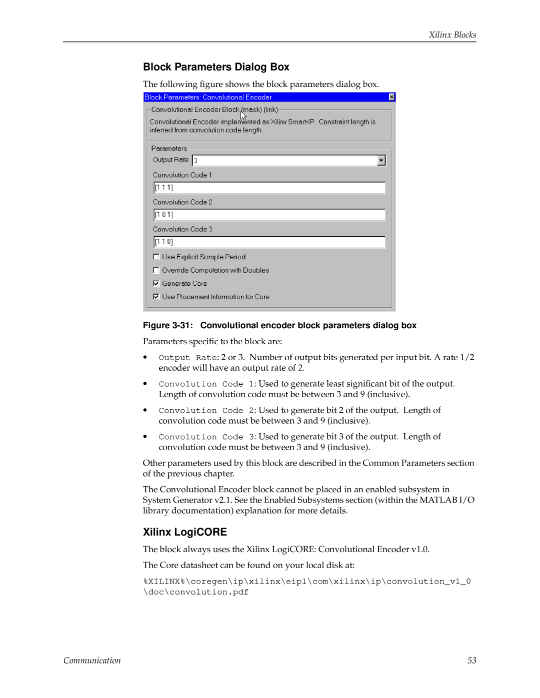 Xilinx V2.1 manual Convolutional encoder block parameters dialog box 