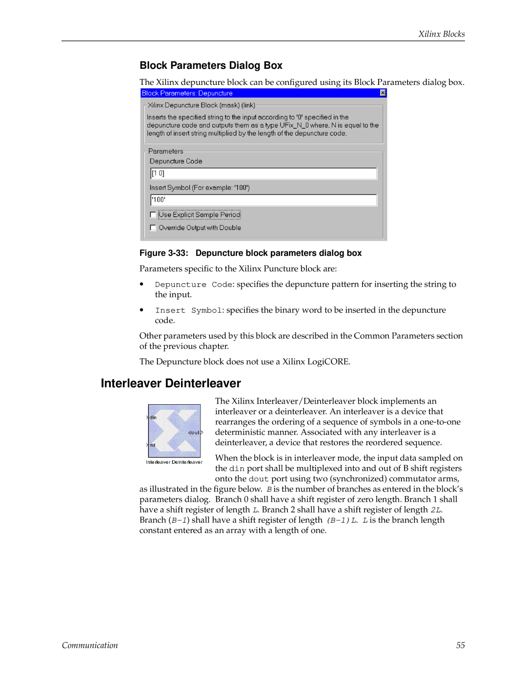 Xilinx V2.1 manual Interleaver Deinterleaver, Depuncture block parameters dialog box 