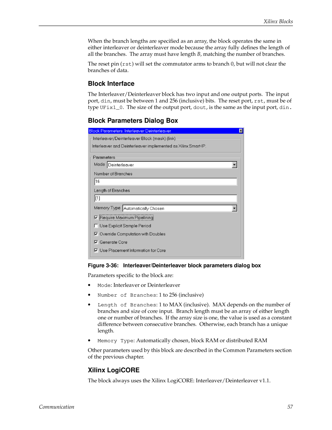 Xilinx V2.1 manual Interleaver/Deinterleaver block parameters dialog box 