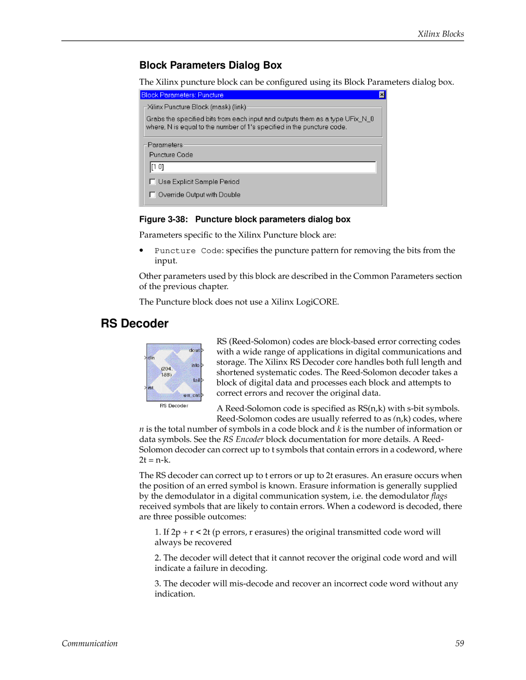 Xilinx V2.1 manual RS Decoder, Puncture block parameters dialog box 