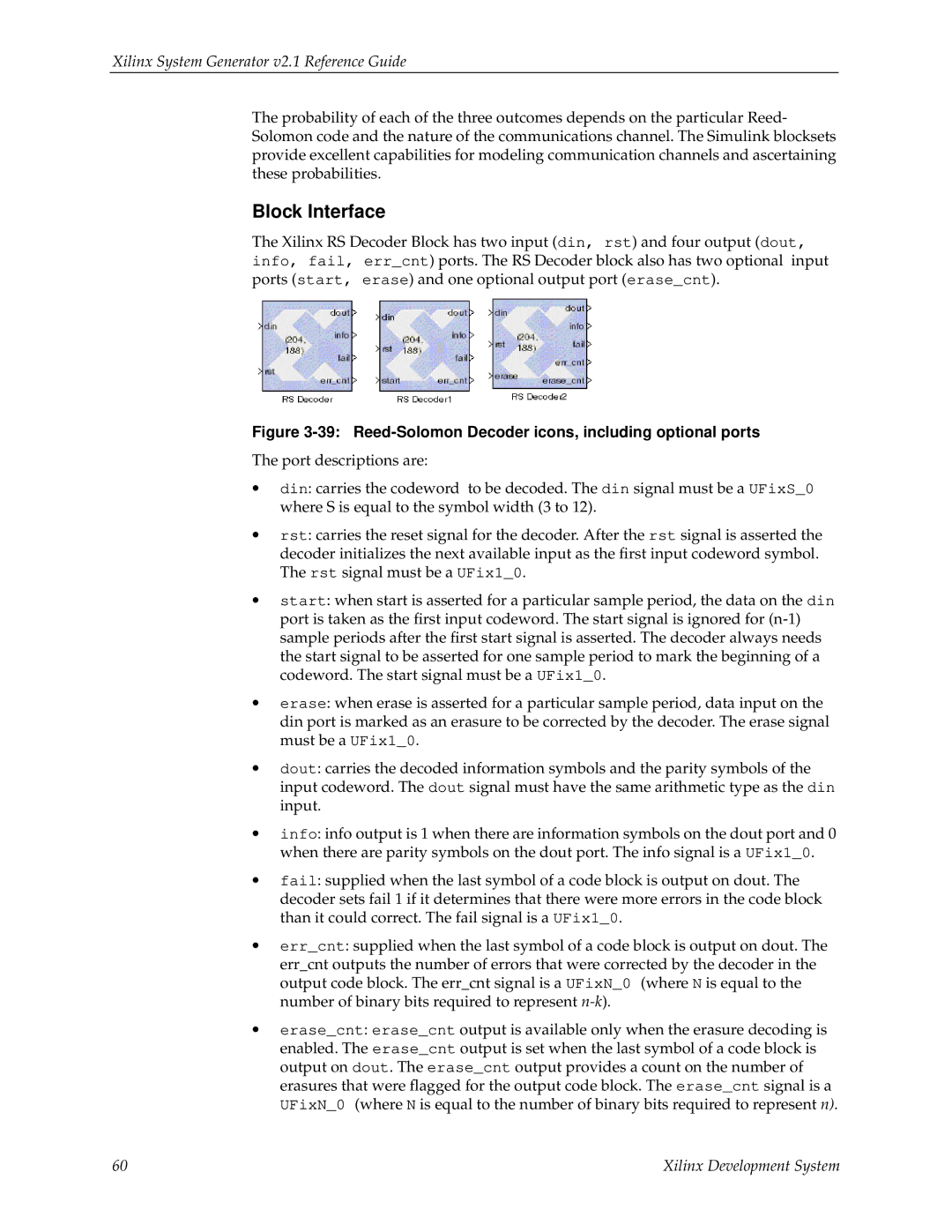 Xilinx V2.1 manual Reed-Solomon Decoder icons, including optional ports 