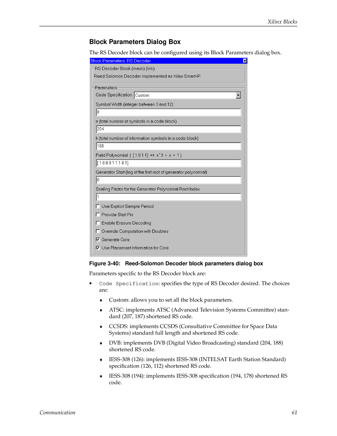 Xilinx V2.1 manual Reed-Solomon Decoder block parameters dialog box 