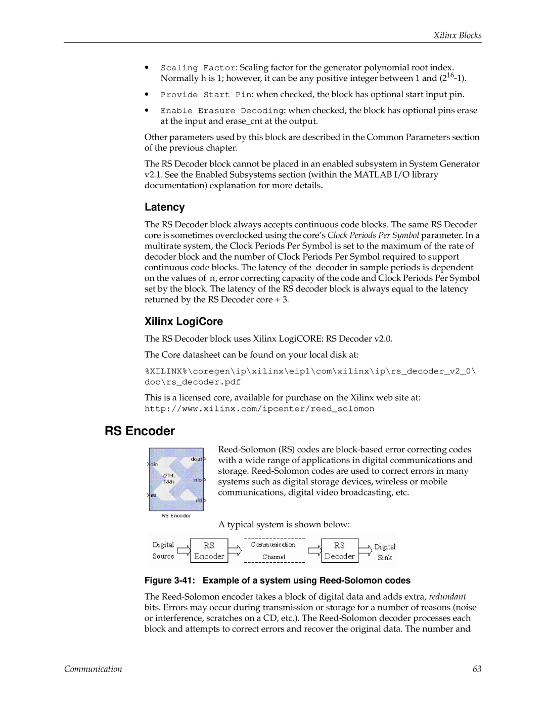 Xilinx V2.1 manual RS Encoder, Latency 