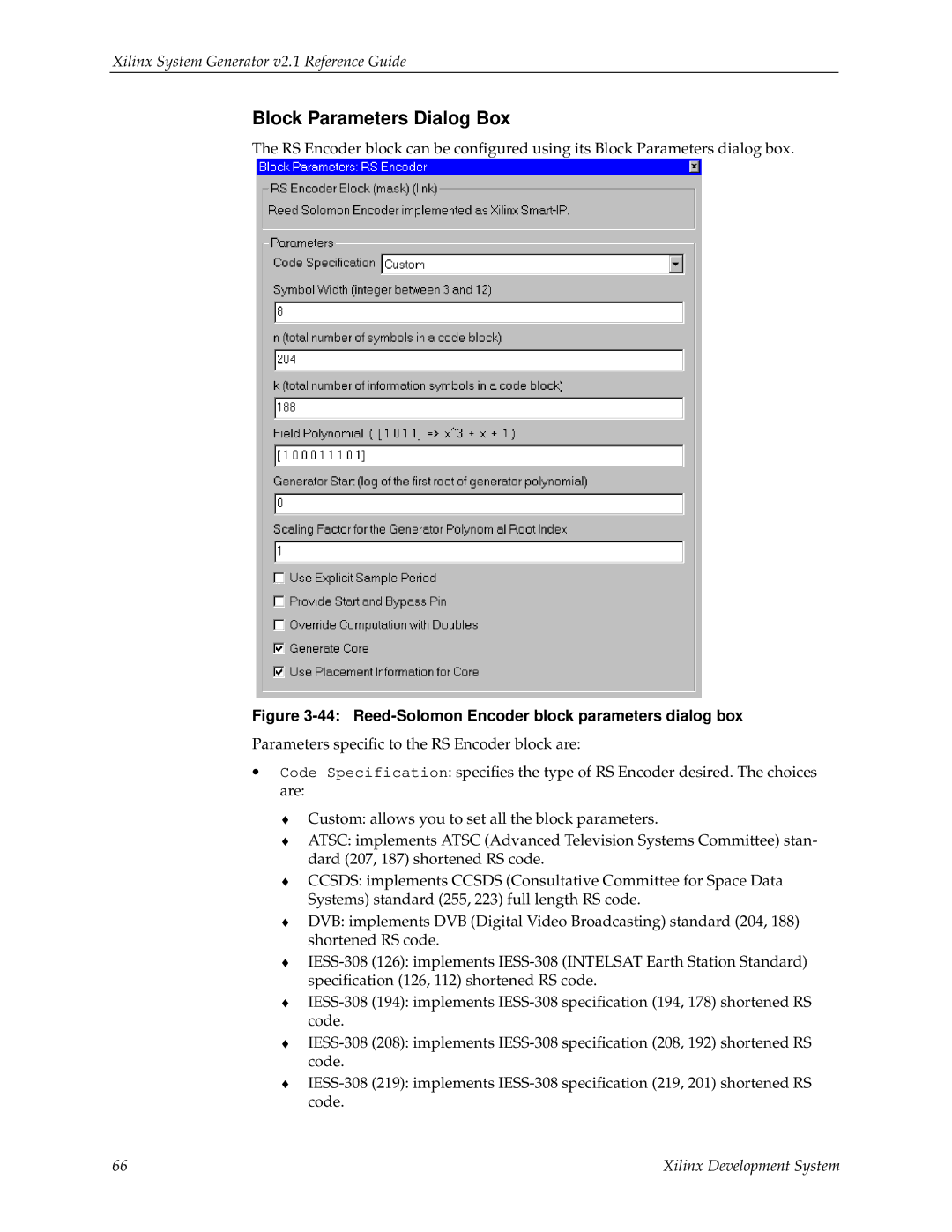 Xilinx V2.1 manual Reed-Solomon Encoder block parameters dialog box 