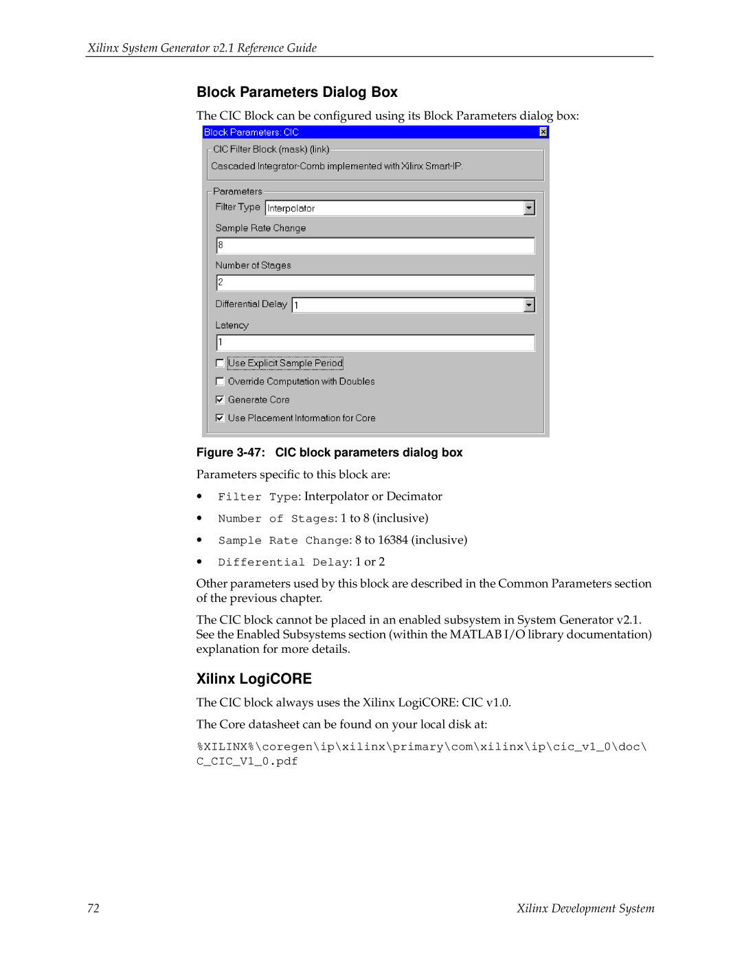 Xilinx V2.1 manual CIC block parameters dialog box 