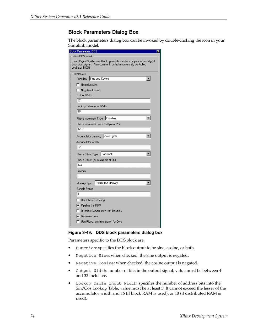 Xilinx V2.1 manual DDS block parameters dialog box 