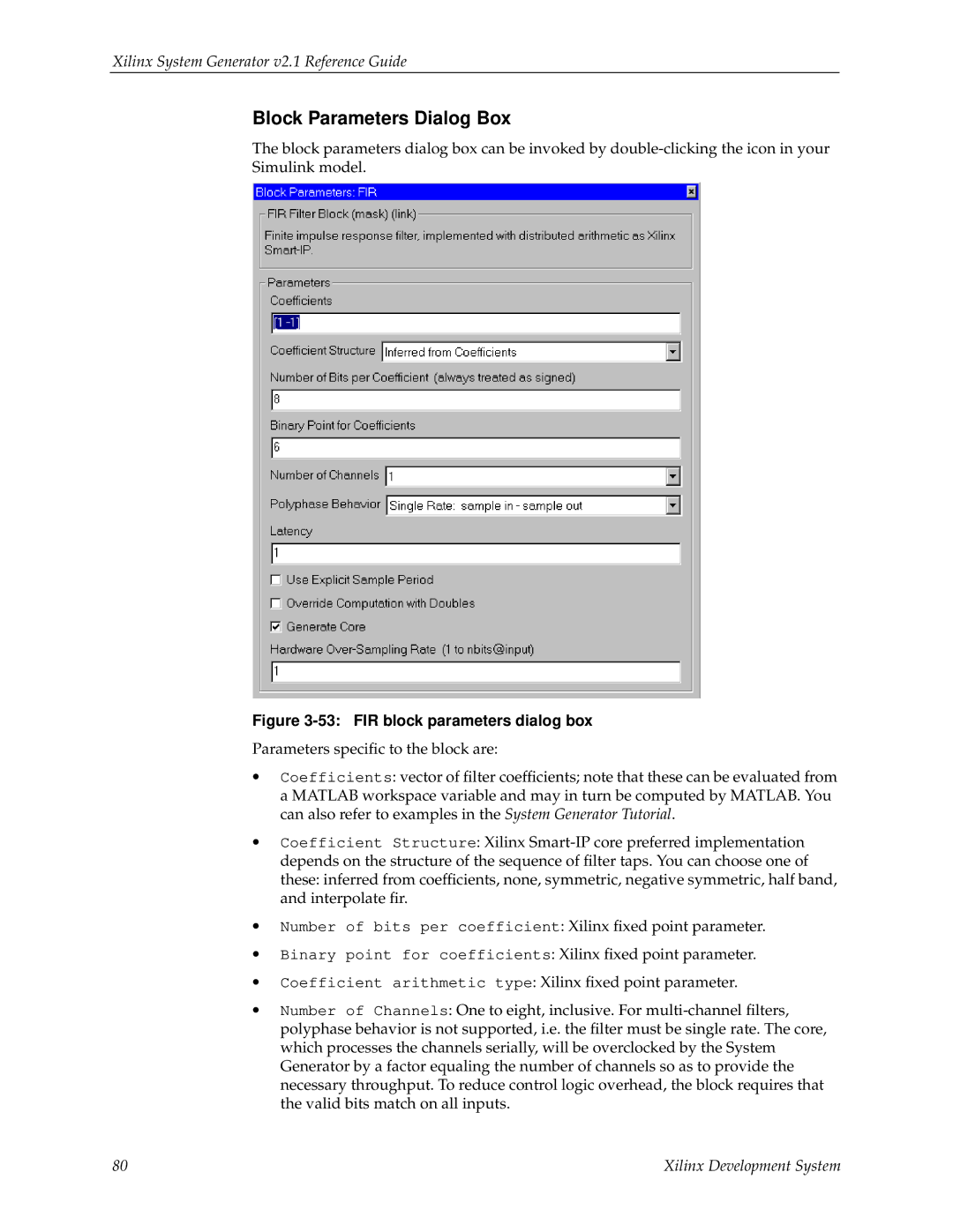 Xilinx V2.1 manual FIR block parameters dialog box 