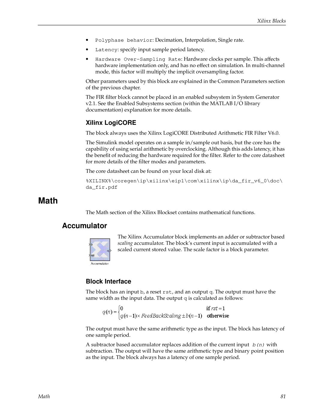 Xilinx V2.1 manual Math, Accumulator 