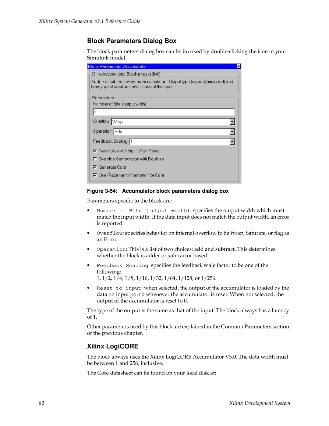 Xilinx V2.1 manual Accumulator block parameters dialog box 