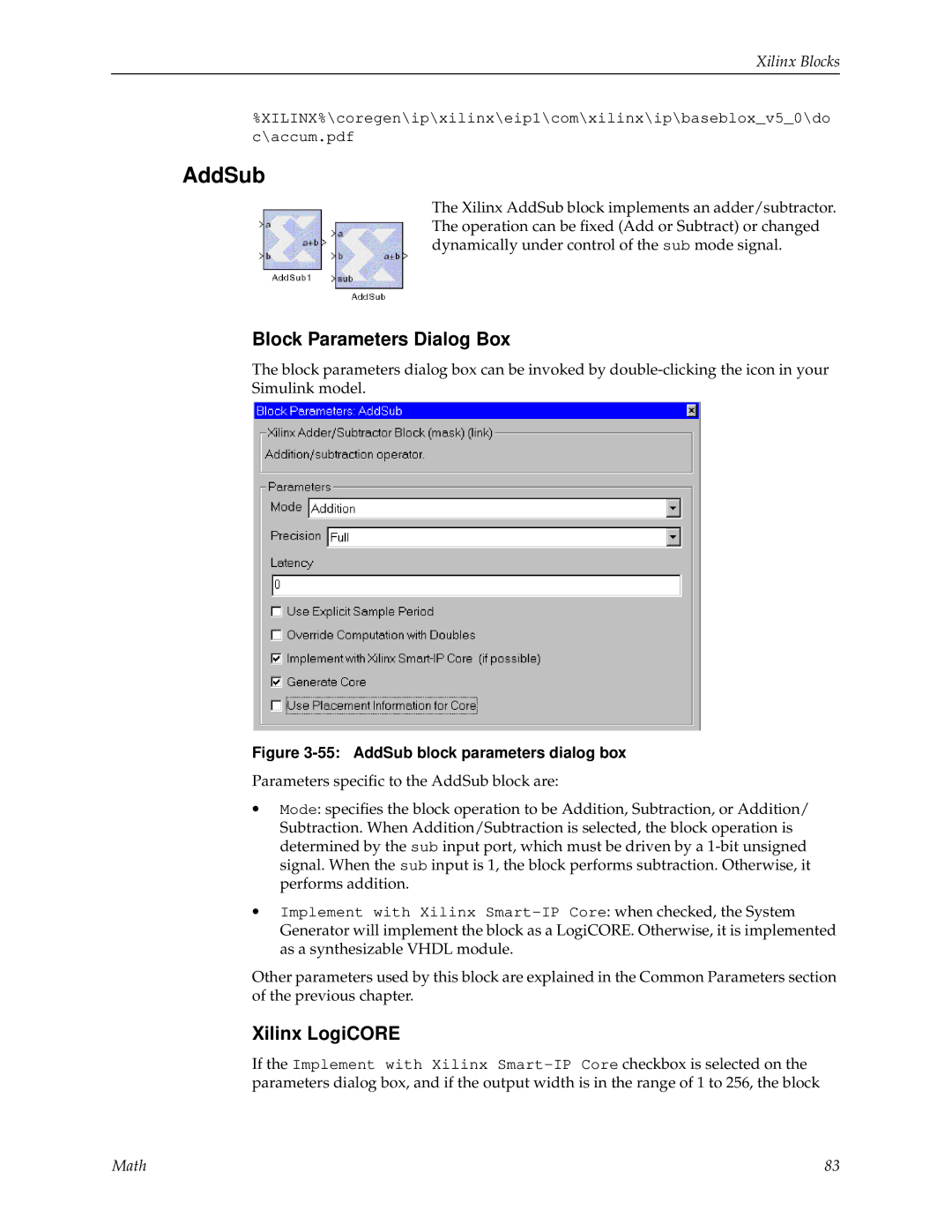 Xilinx V2.1 manual AddSub block parameters dialog box 