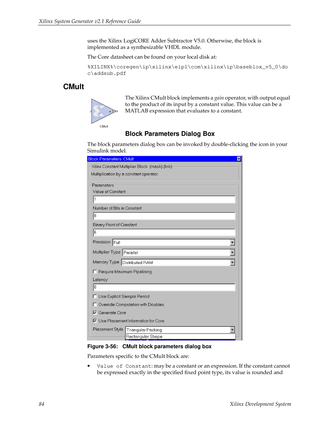 Xilinx V2.1 manual CMult block parameters dialog box 