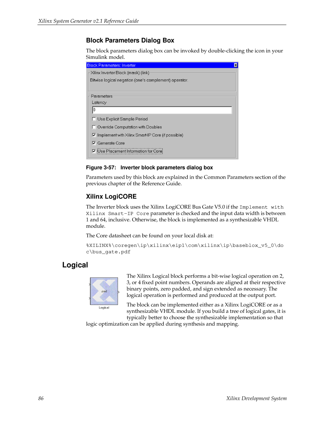 Xilinx V2.1 manual Logical, Inverter block parameters dialog box 