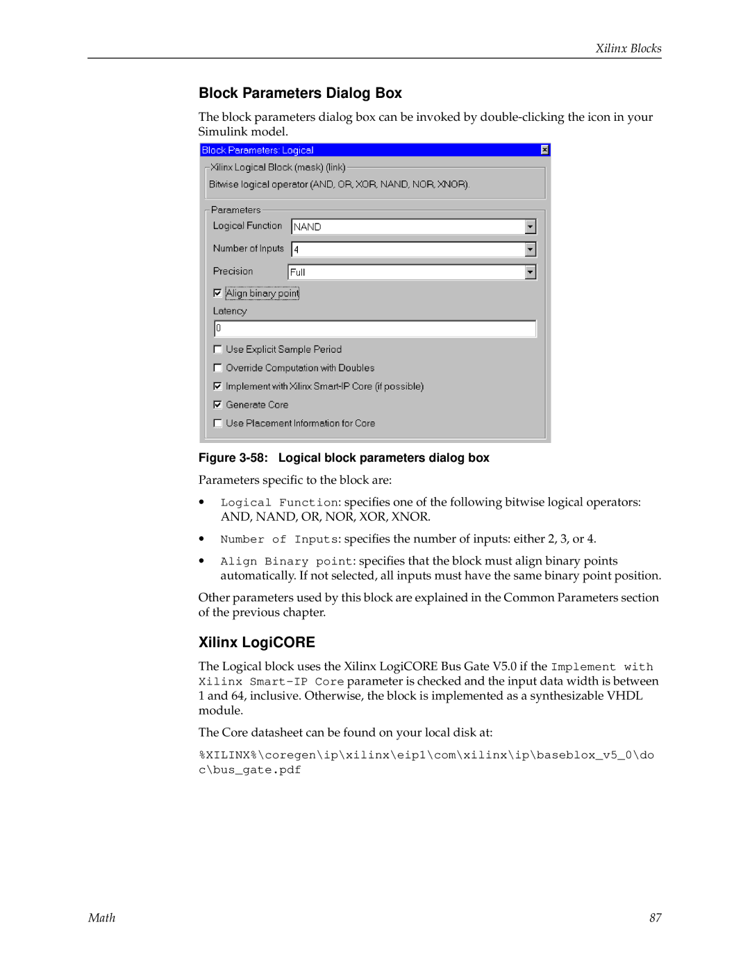 Xilinx V2.1 manual Logical block parameters dialog box 