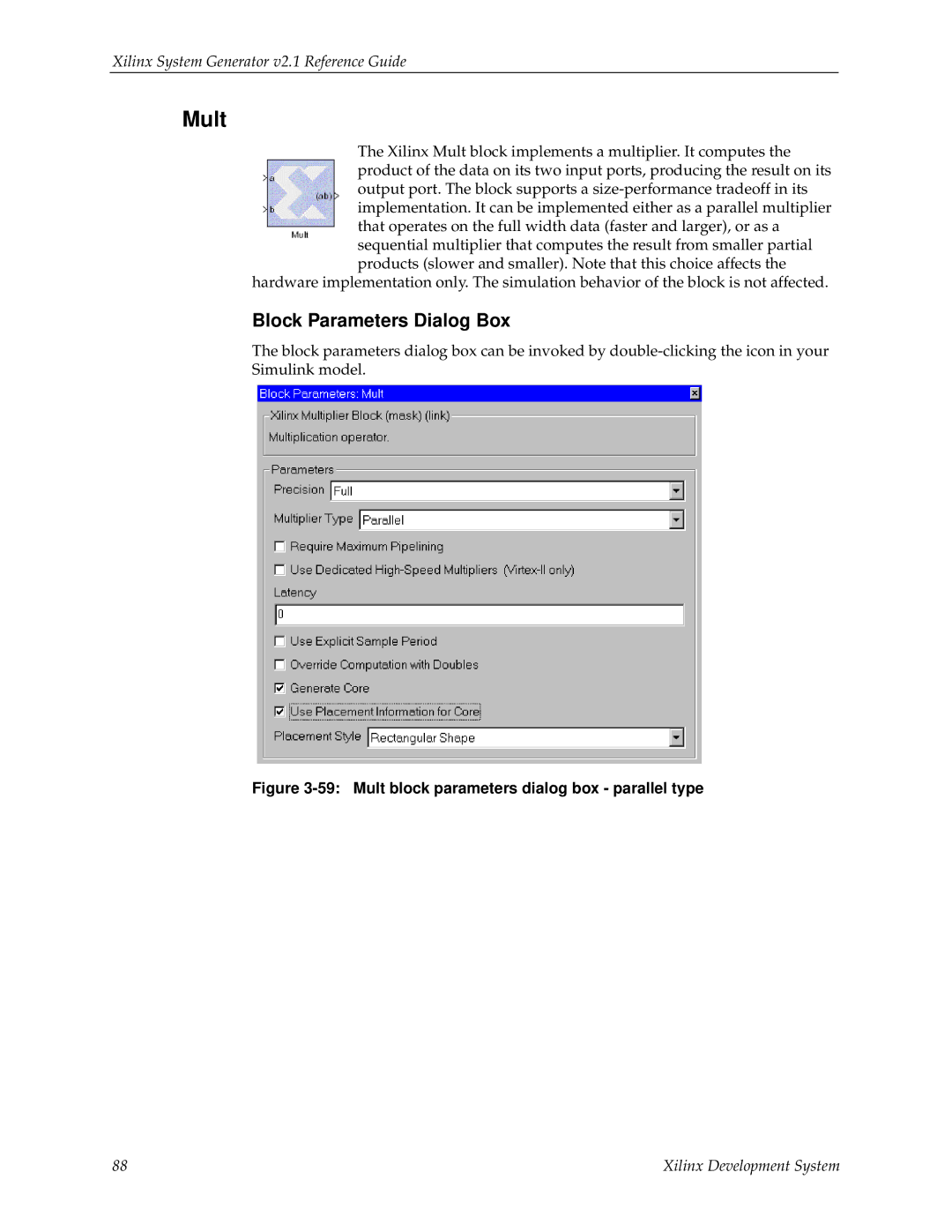 Xilinx V2.1 manual Mult block parameters dialog box parallel type 