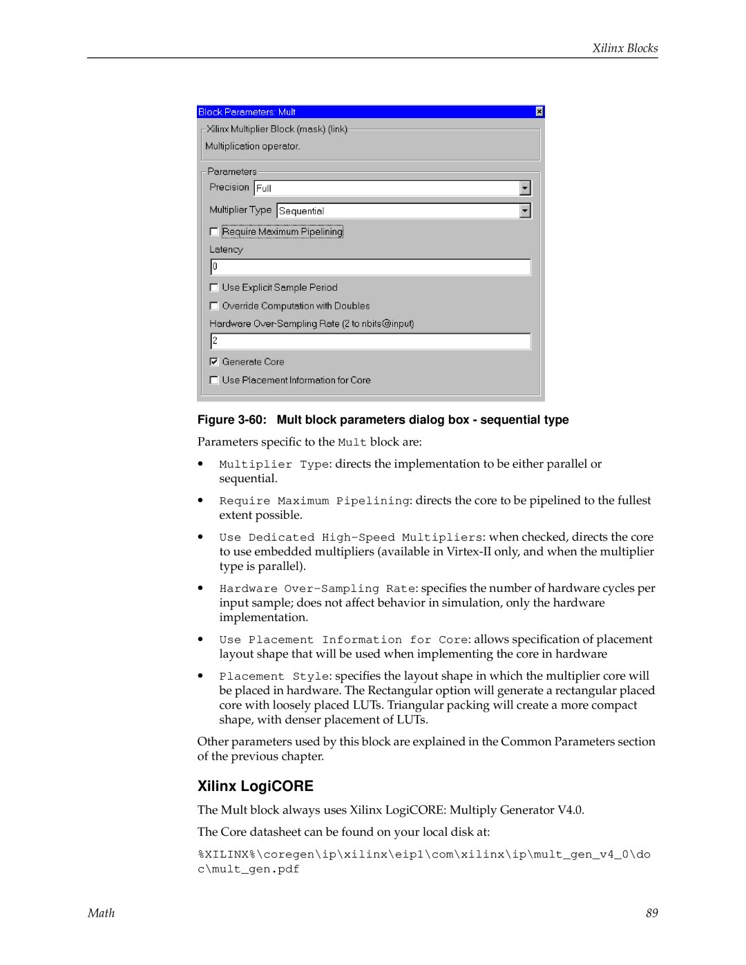 Xilinx V2.1 manual Mult block parameters dialog box sequential type 