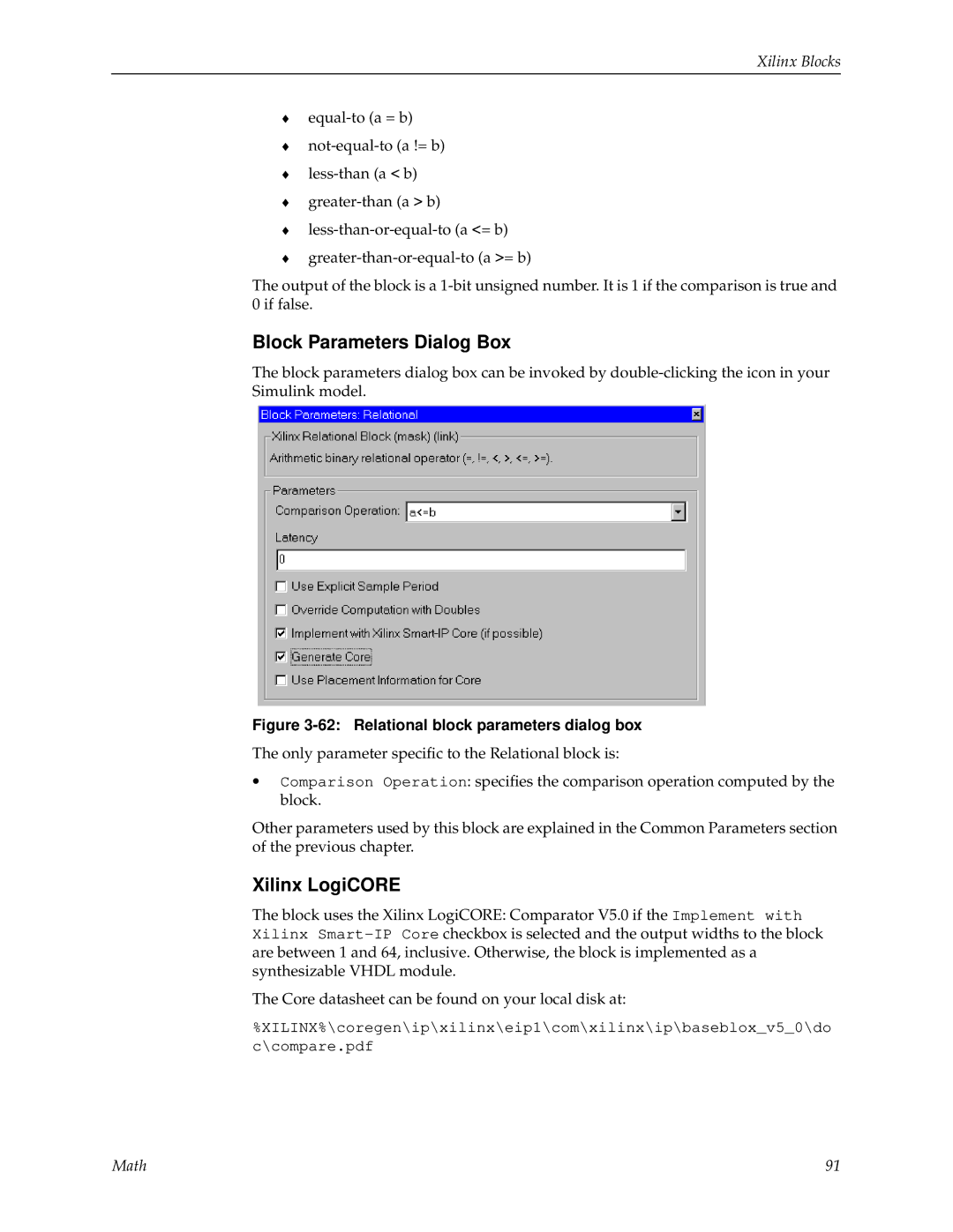 Xilinx V2.1 manual Relational block parameters dialog box 