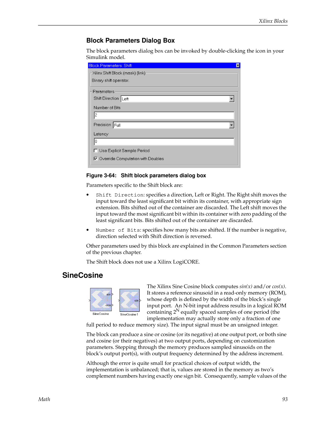 Xilinx V2.1 manual SineCosine, Shift block parameters dialog box 