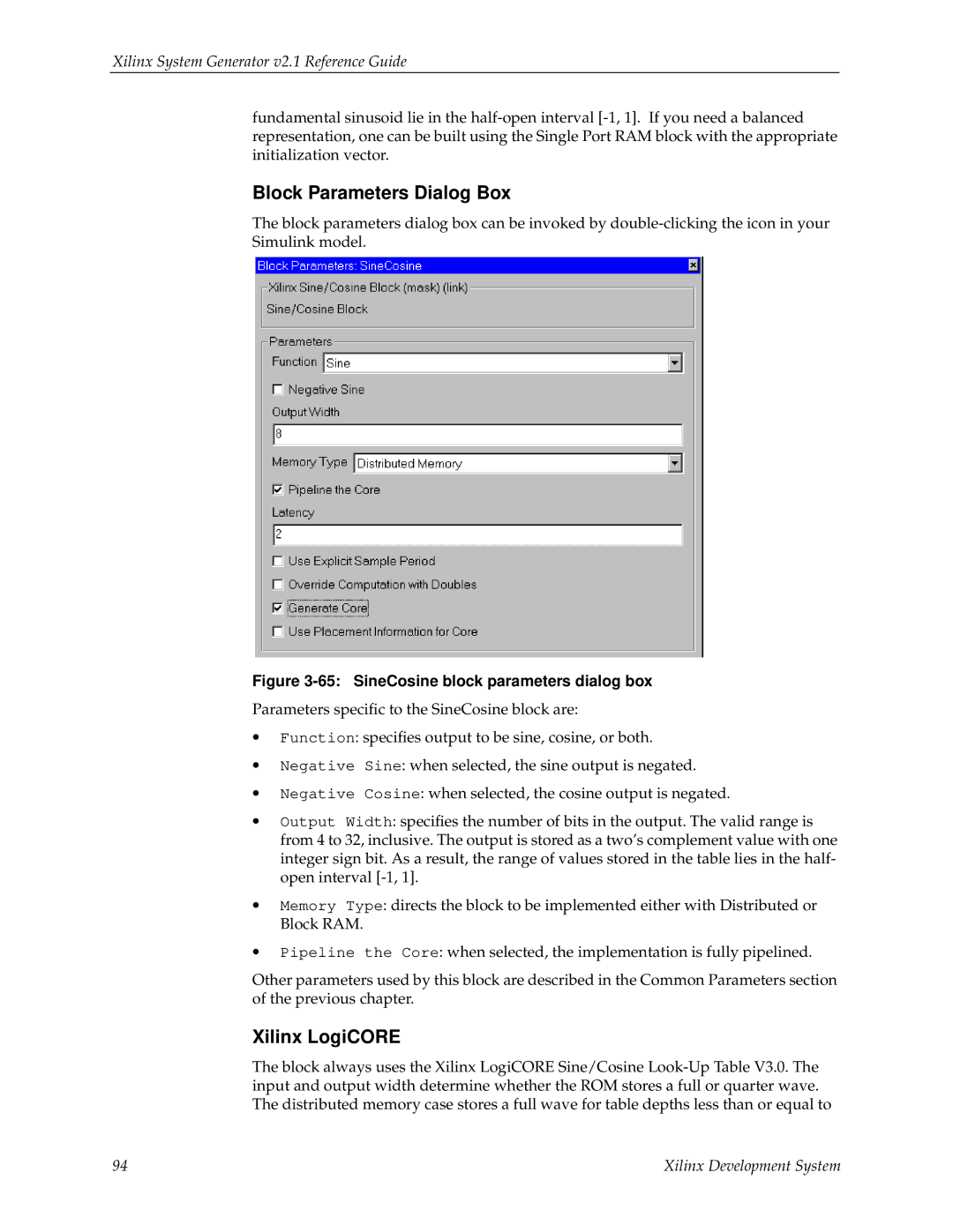 Xilinx V2.1 manual SineCosine block parameters dialog box 