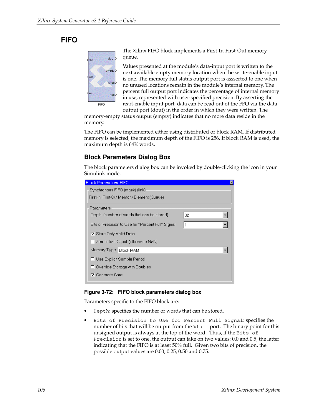 Xilinx V2.1 Fifo, Block Parameters Dialog Box, Xilinx System Generator v2.1 Reference Guide, Xilinx Development System 