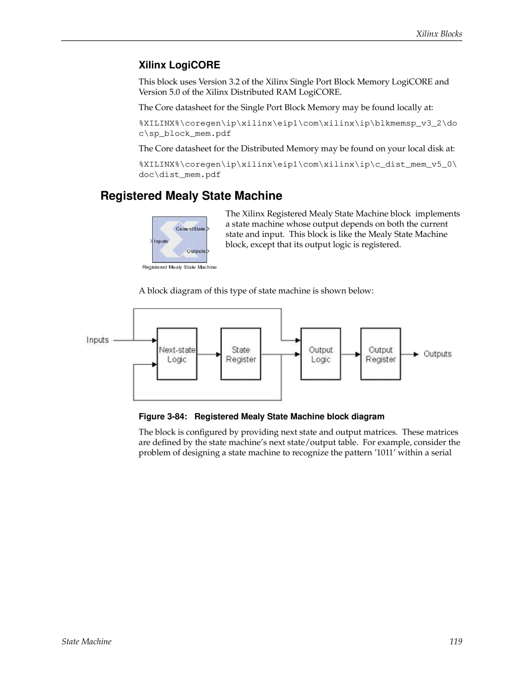 Xilinx V2.1 manual Registered Mealy State Machine, Xilinx LogiCORE, Xilinx Blocks 