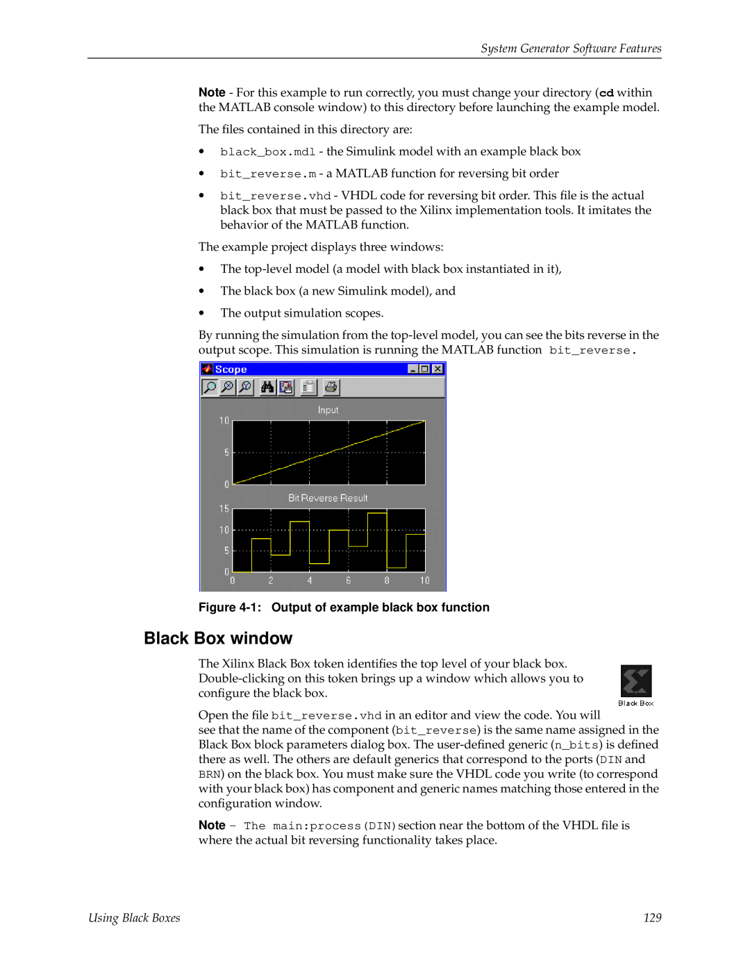Xilinx V2.1 manual Black Box window, Using Black Boxes, System Generator Software Features 