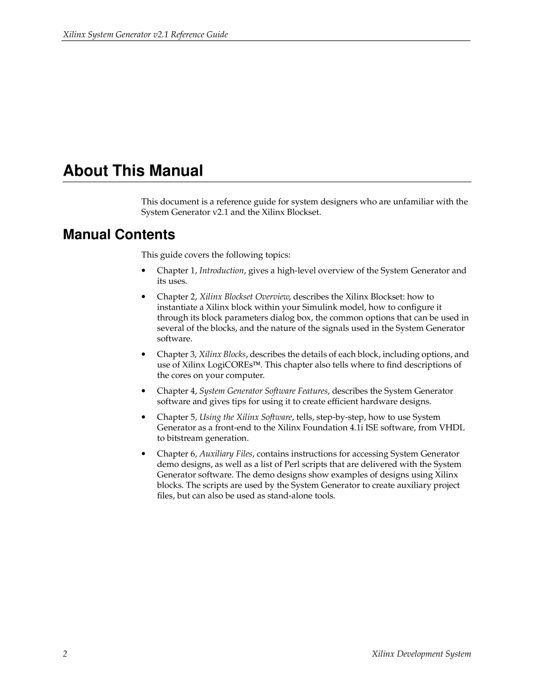 Xilinx V2.1 About This Manual, Manual Contents, Xilinx System Generator v2.1 Reference Guide, Xilinx Development System 