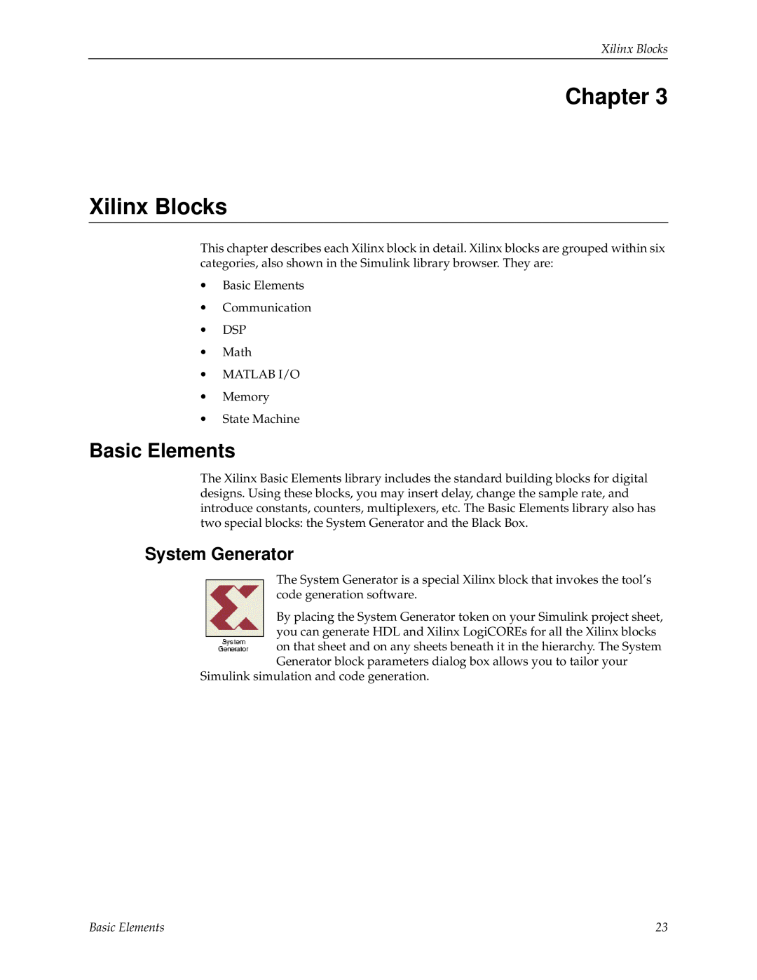 Xilinx V2.1 manual Chapter Xilinx Blocks, Basic Elements, System Generator 