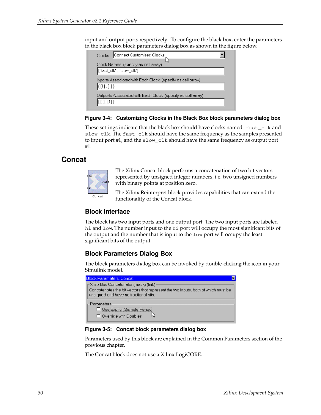 Xilinx V2.1 manual Concat, Block Interface, Block Parameters Dialog Box, Xilinx System Generator v2.1 Reference Guide 