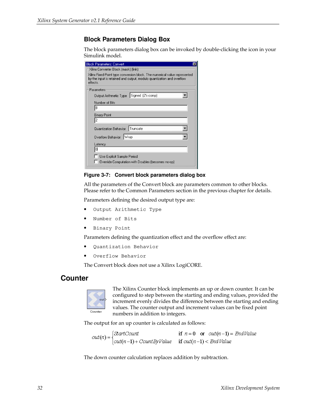Xilinx V2.1 Counter, Block Parameters Dialog Box, Xilinx System Generator v2.1 Reference Guide, Xilinx Development System 