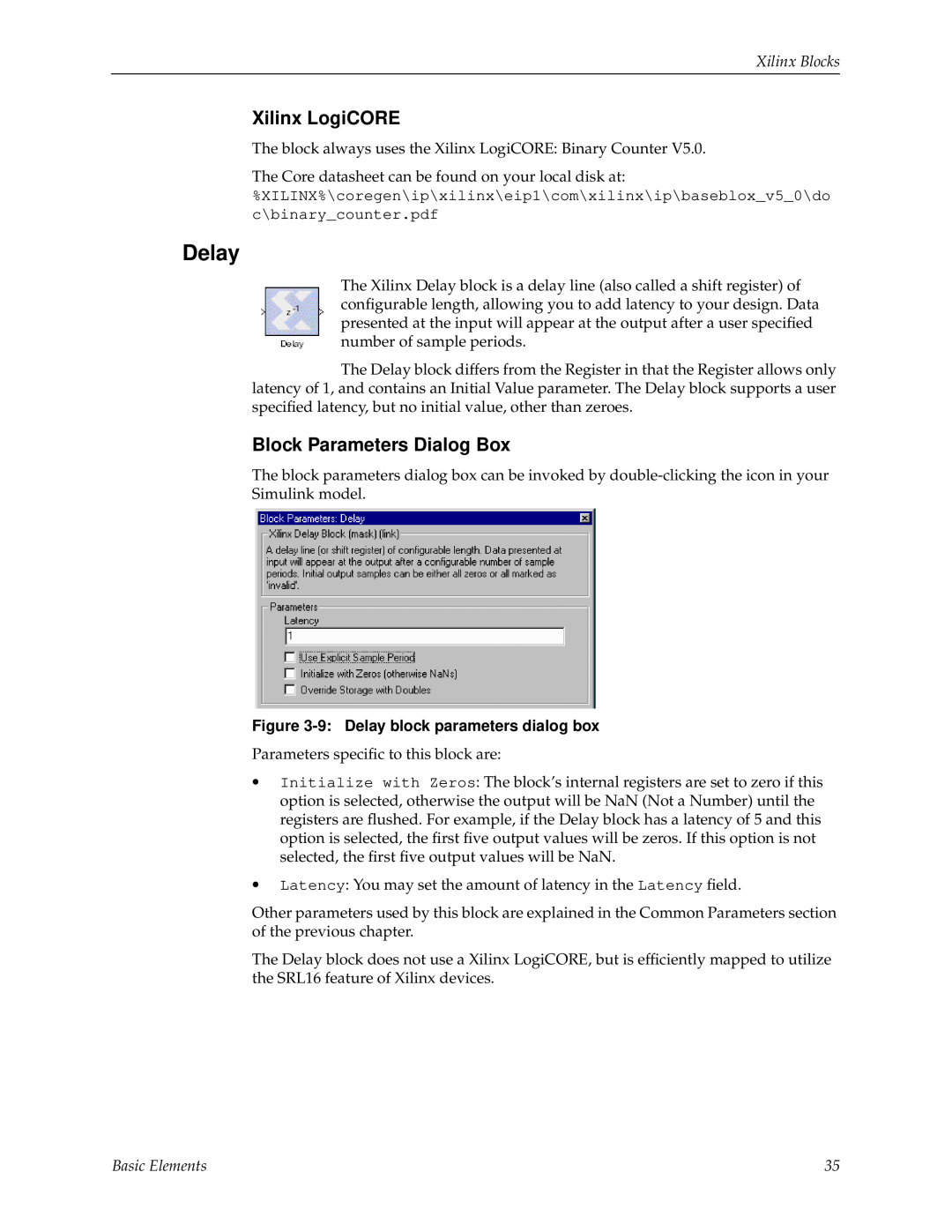 Xilinx V2.1 manual Delay, Xilinx LogiCORE, Block Parameters Dialog Box, Xilinx Blocks, Basic Elements 