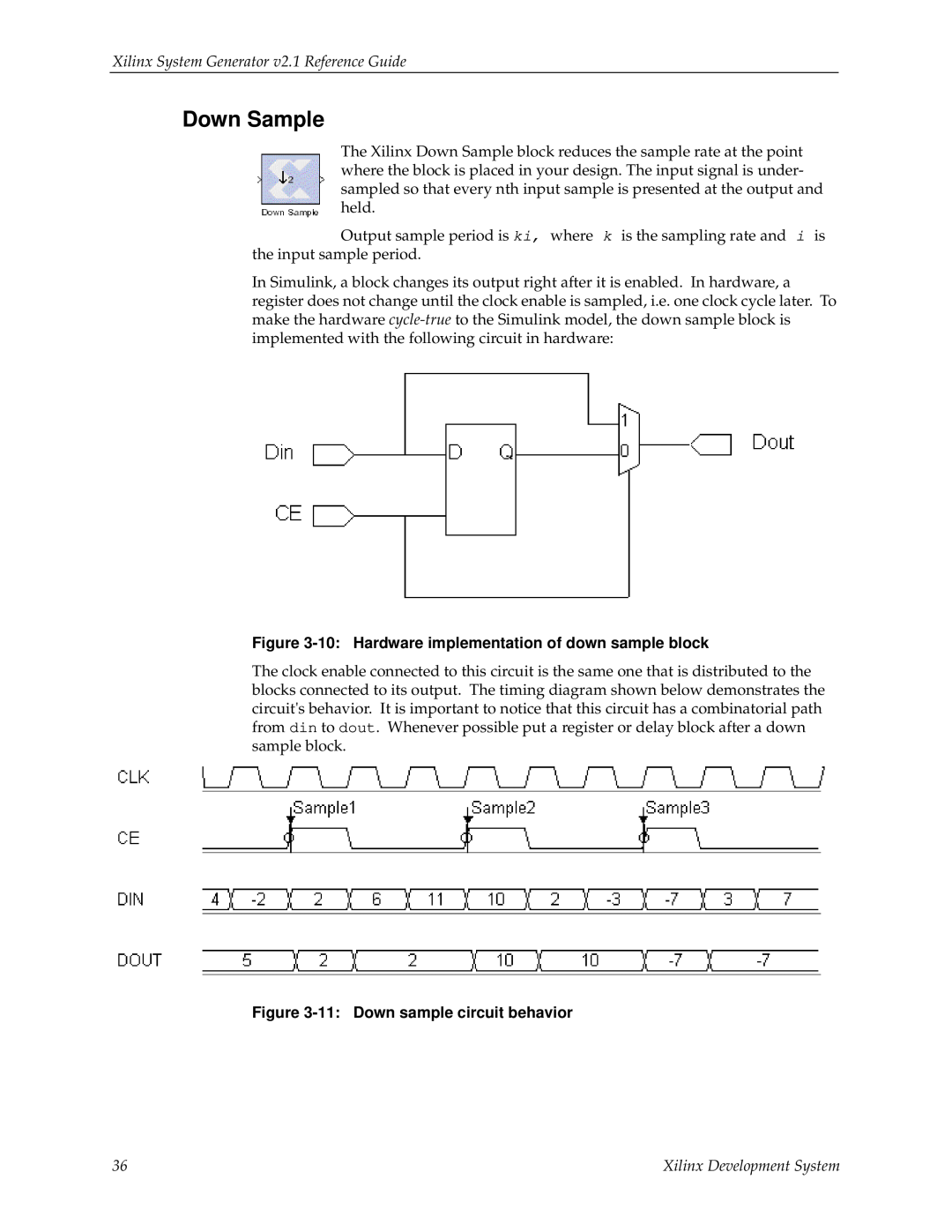 Xilinx V2.1 manual Down Sample, Xilinx System Generator v2.1 Reference Guide, 11:Down sample circuit behavior 