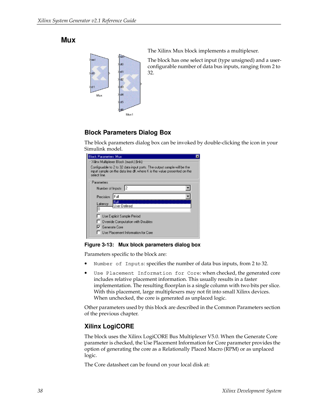 Xilinx V2.1 manual Block Parameters Dialog Box, Xilinx LogiCORE, Xilinx System Generator v2.1 Reference Guide 