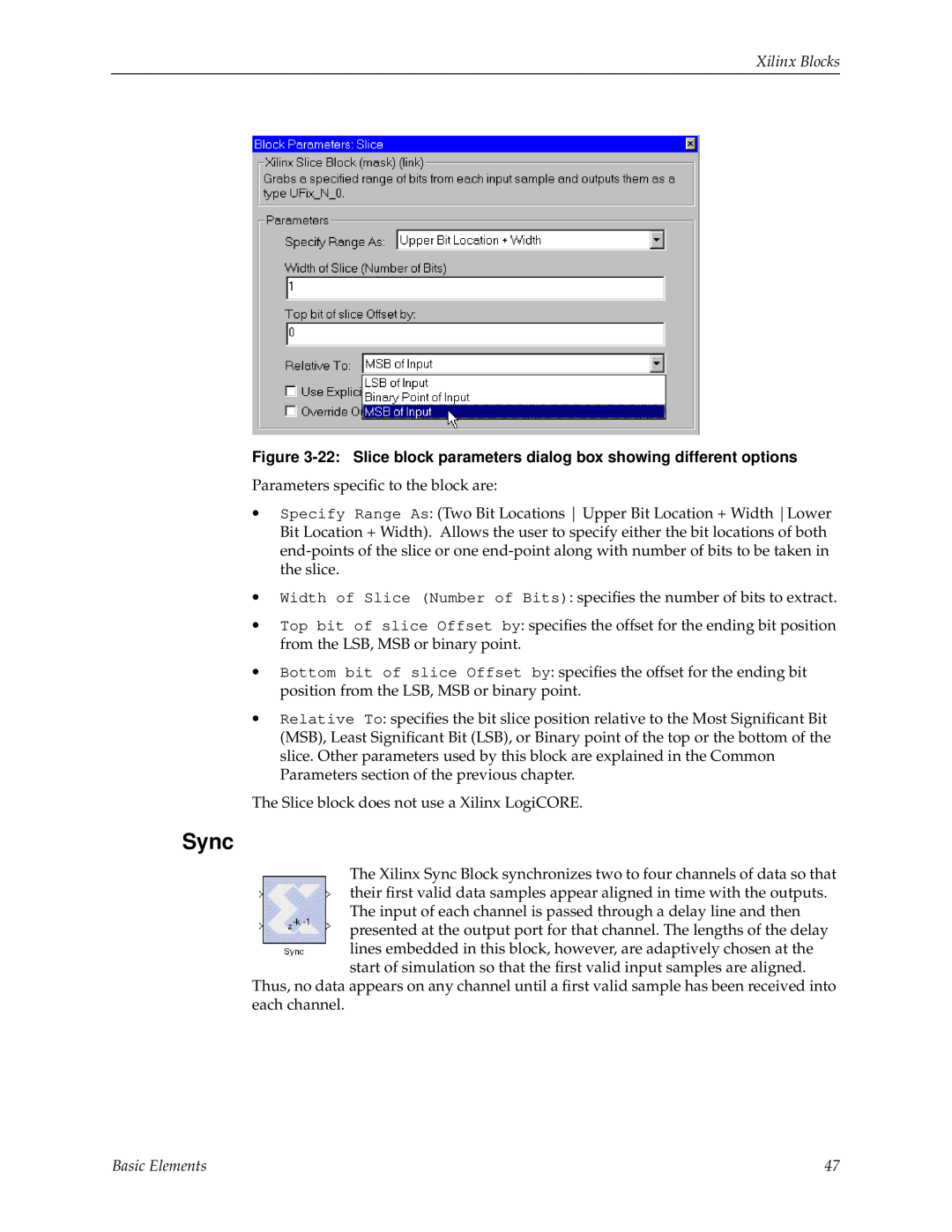 Xilinx V2.1 manual Sync, Xilinx Blocks, Basic Elements 