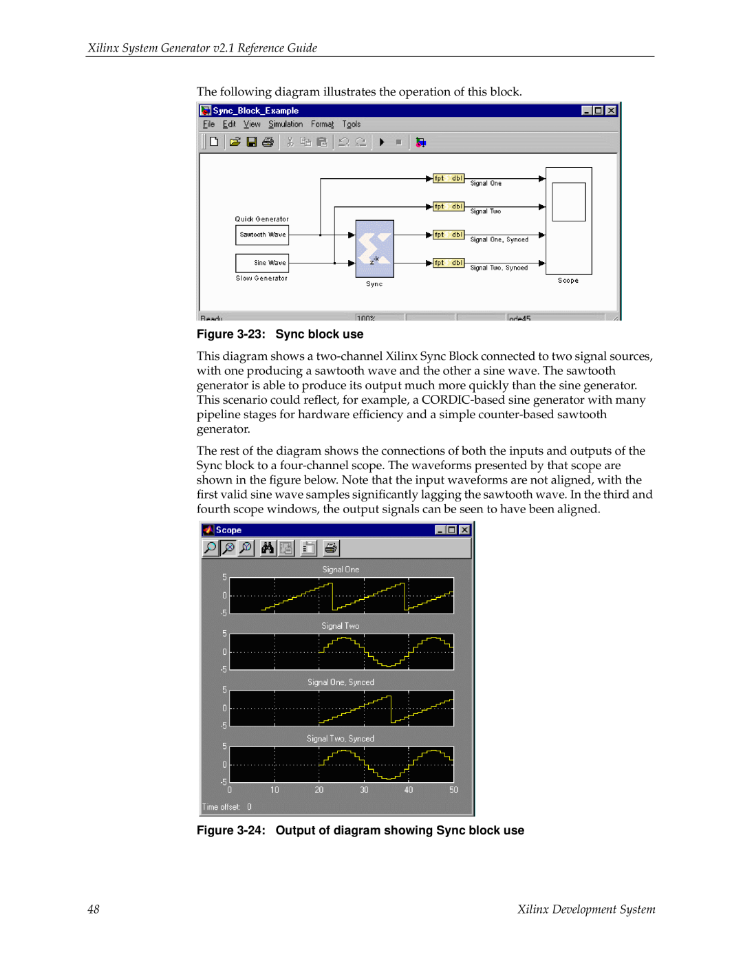 Xilinx V2.1 manual Xilinx System Generator v2.1 Reference Guide, 23:Sync block use, Xilinx Development System 