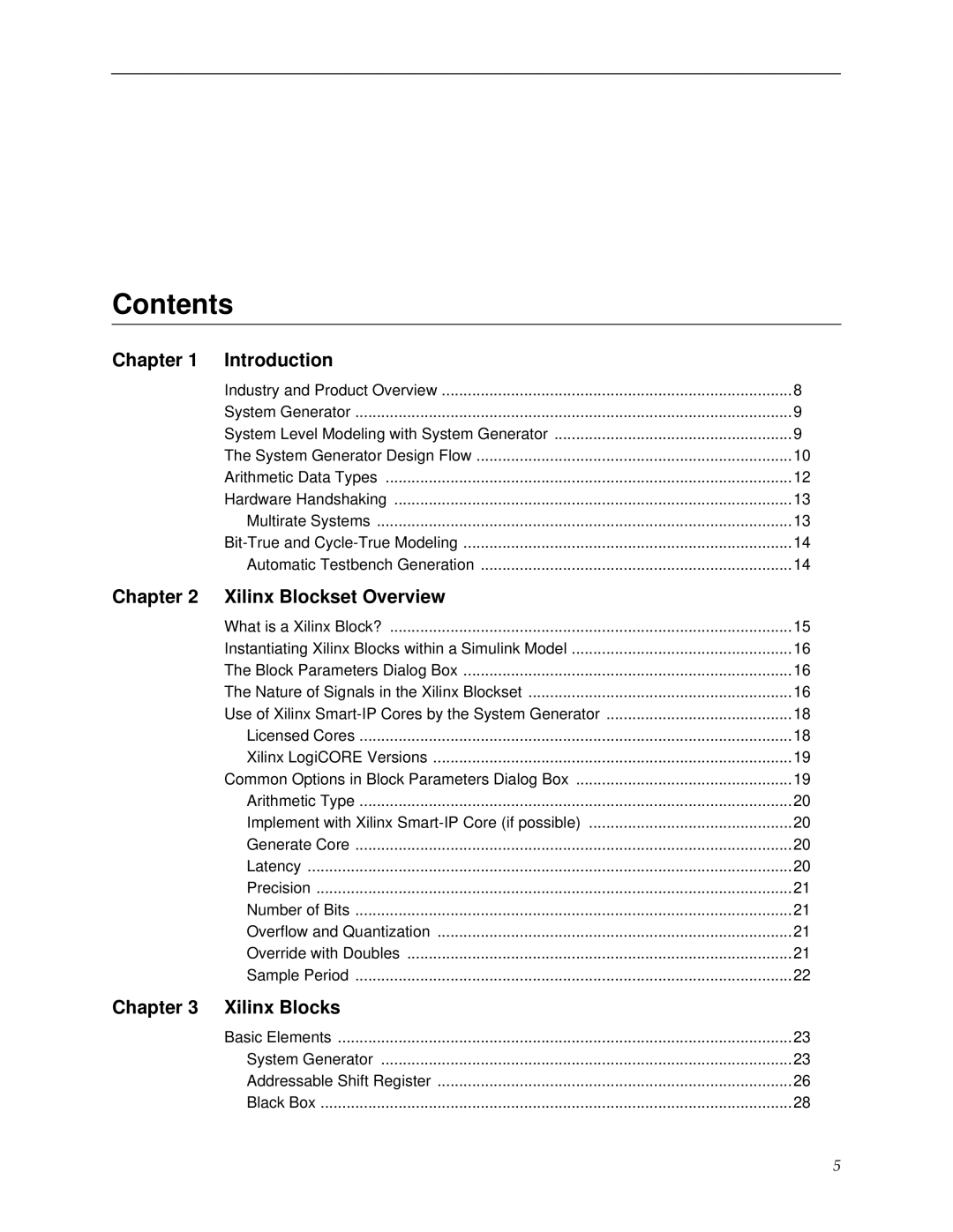 Xilinx V2.1 manual Contents, Chapter, Introduction, Xilinx Blockset Overview 
