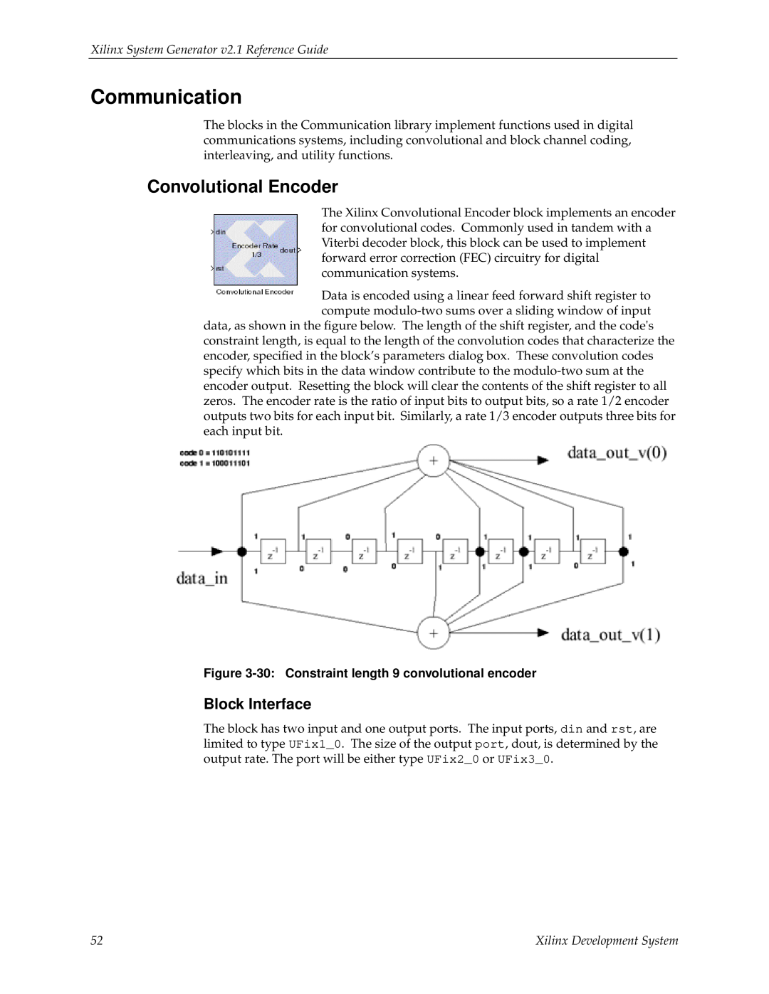 Xilinx V2.1 manual Communication, Convolutional Encoder, Block Interface, Xilinx System Generator v2.1 Reference Guide 