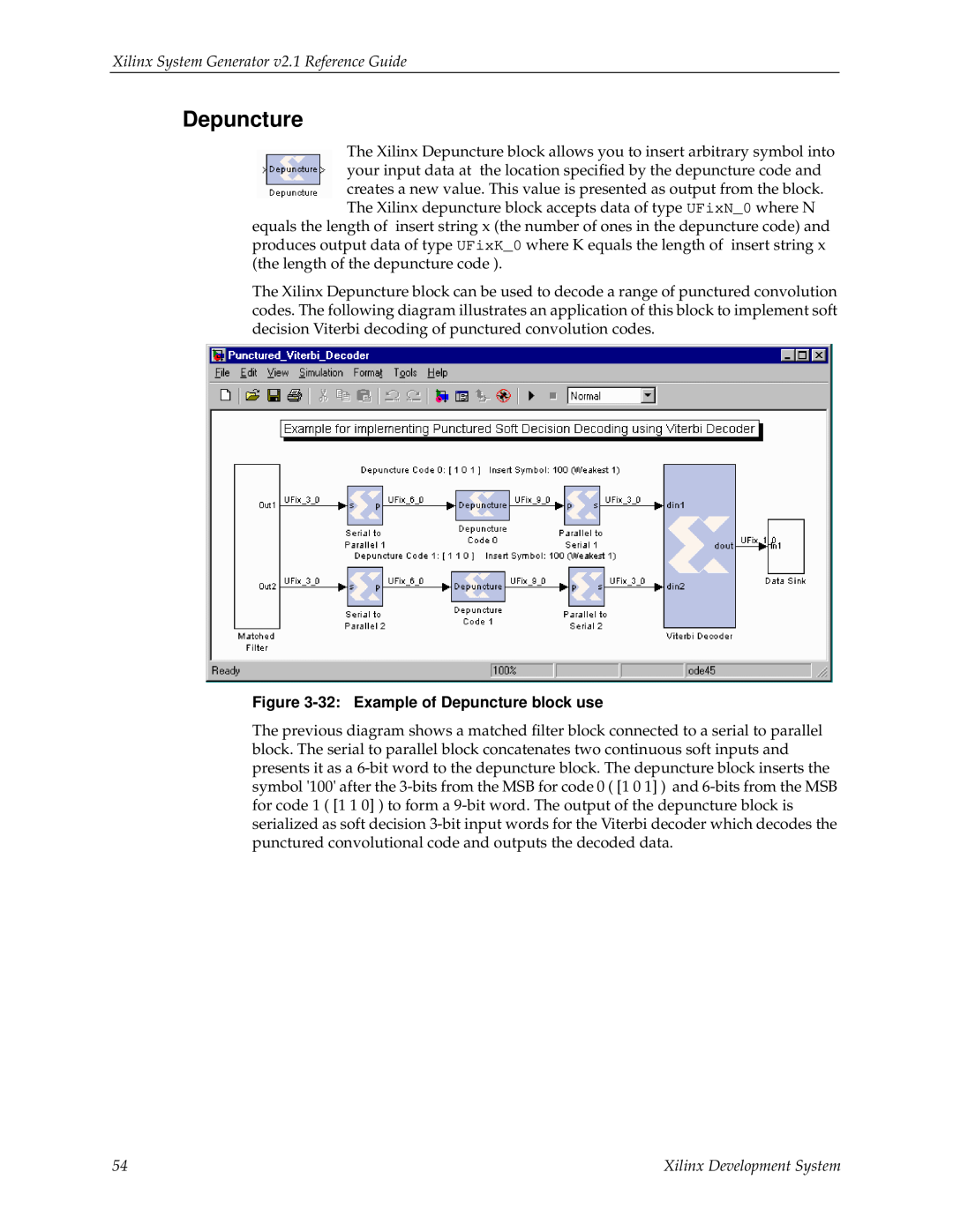 Xilinx V2.1 manual Xilinx System Generator v2.1 Reference Guide, 32:Example of Depuncture block use 