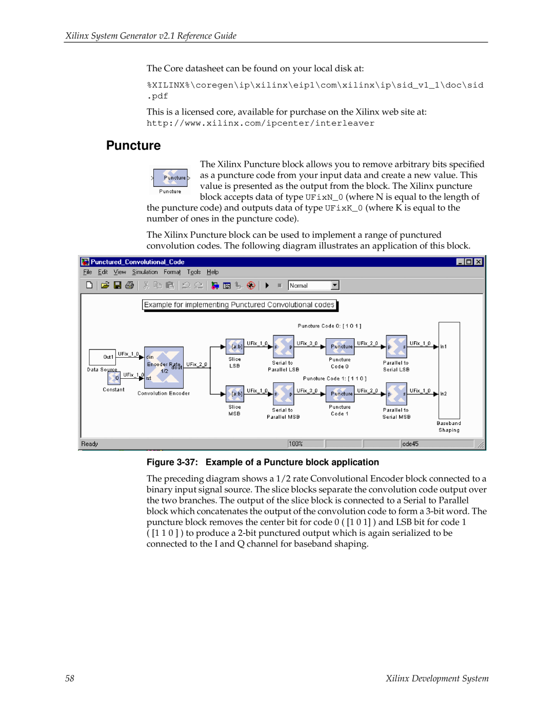 Xilinx V2.1 manual Puncture, Xilinx System Generator v2.1 Reference Guide, Xilinx Development System 