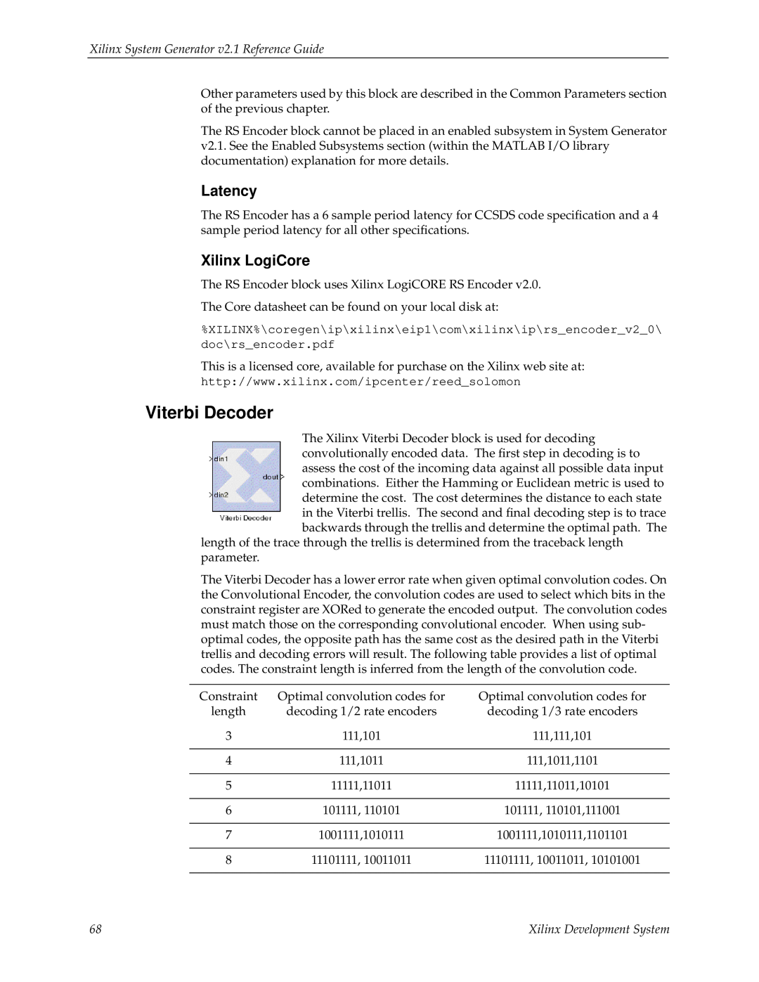 Xilinx V2.1 manual Viterbi Decoder, Latency, Xilinx LogiCore, Xilinx System Generator v2.1 Reference Guide 