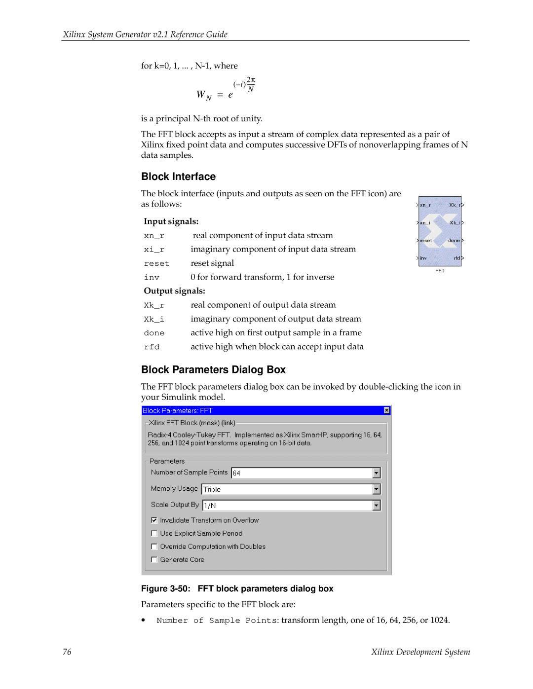 Xilinx V2.1 manual W N = e, Block Interface, Block Parameters Dialog Box, Xilinx System Generator v2.1 Reference Guide 