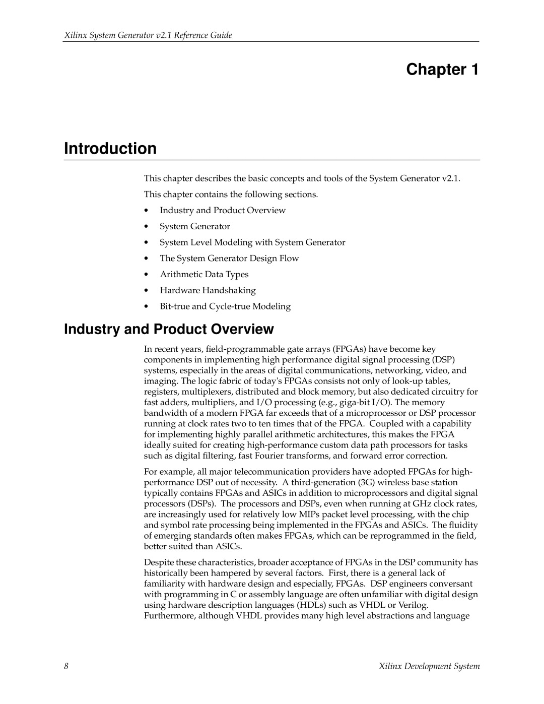 Xilinx V2.1 manual Chapter Introduction, Industry and Product Overview, Xilinx System Generator v2.1 Reference Guide 