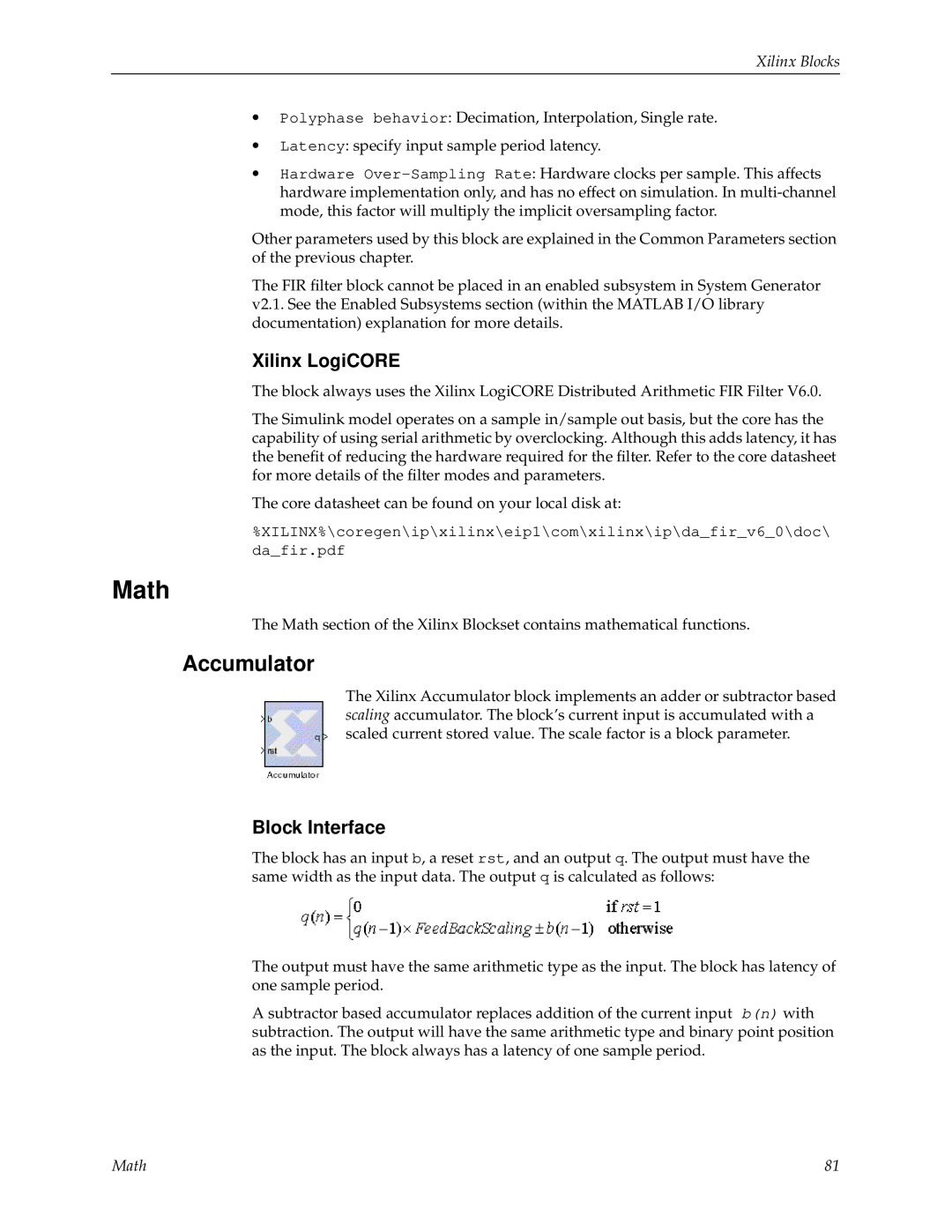 Xilinx V2.1 manual Math, Accumulator, Xilinx LogiCORE, Block Interface, Xilinx Blocks 