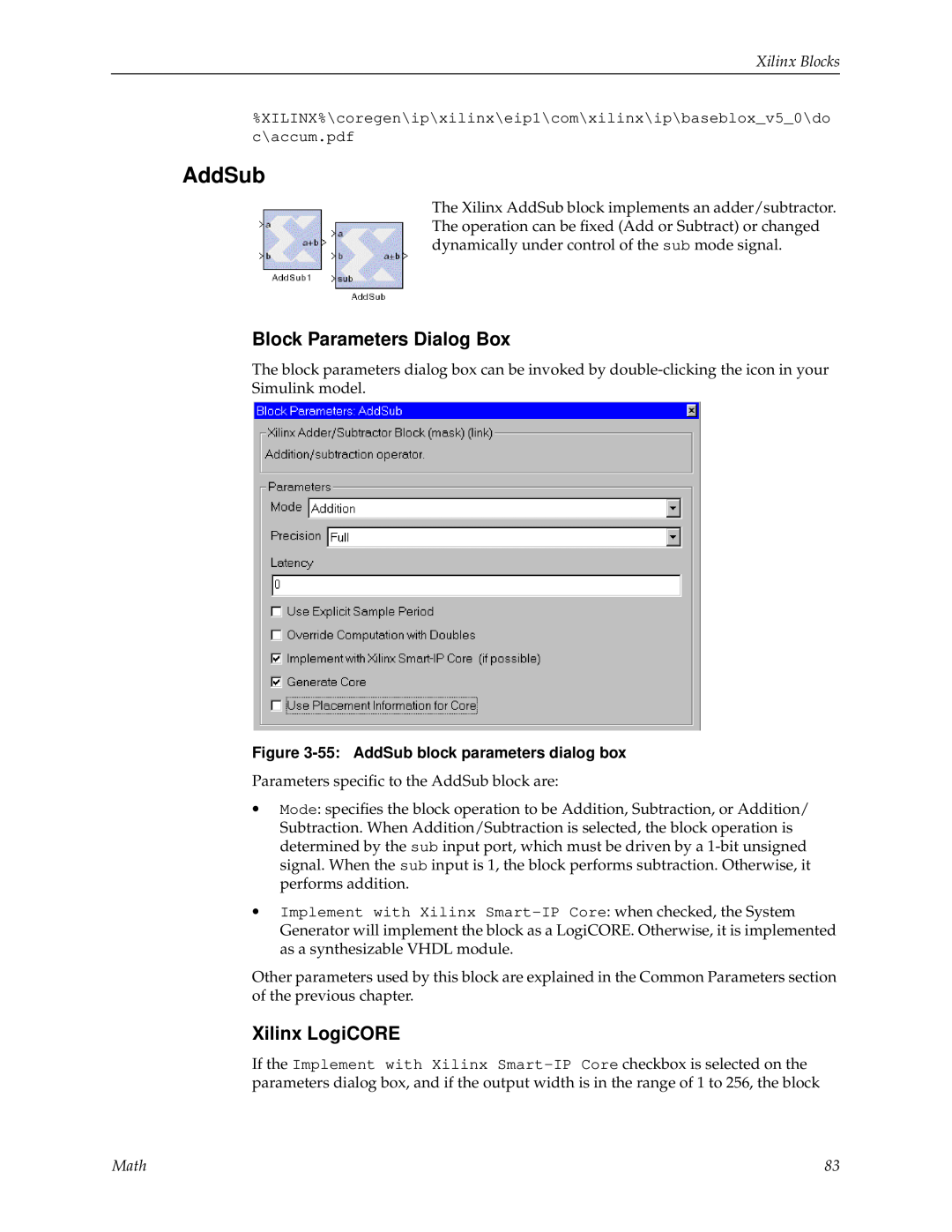 Xilinx V2.1 manual AddSub, Block Parameters Dialog Box, Xilinx LogiCORE, Xilinx Blocks, Math 