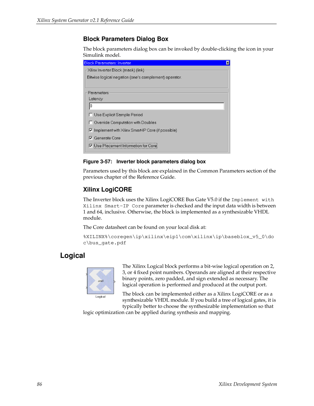 Xilinx V2.1 manual Logical, Block Parameters Dialog Box, Xilinx LogiCORE, Xilinx System Generator v2.1 Reference Guide 