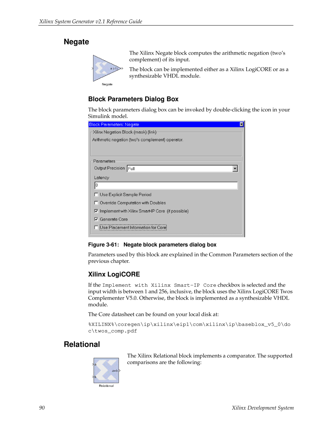 Xilinx V2.1 Negate, Relational, Block Parameters Dialog Box, Xilinx LogiCORE, Xilinx System Generator v2.1 Reference Guide 