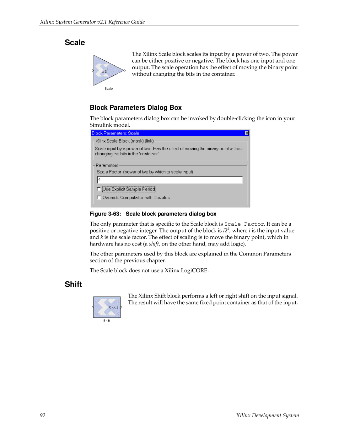 Xilinx V2.1 manual Scale, Shift, Block Parameters Dialog Box, Xilinx System Generator v2.1 Reference Guide 